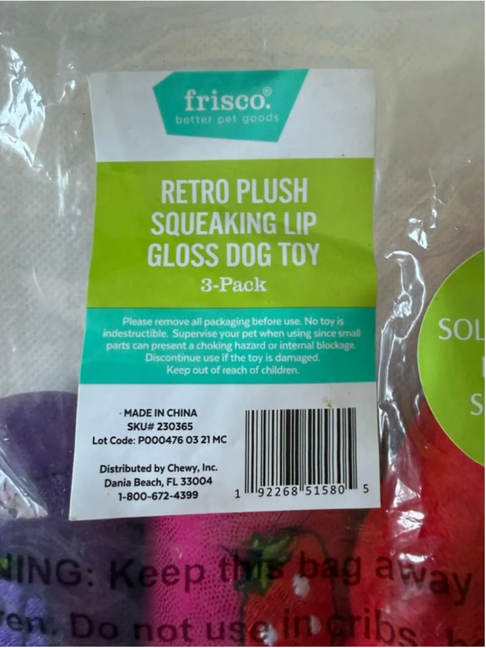 NWT Frisco 3-Pack Retro Plush Lip Gloss Squeaky Dog Toys for Small Dogs